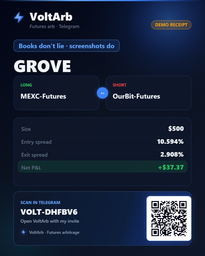 VoltArb Demo receipt share card with invite QR
